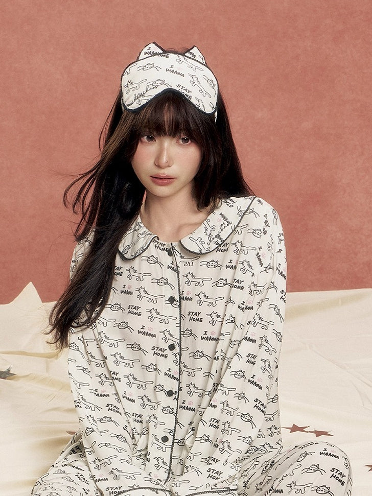 Ruffle Collar Cat Print Pajama Set