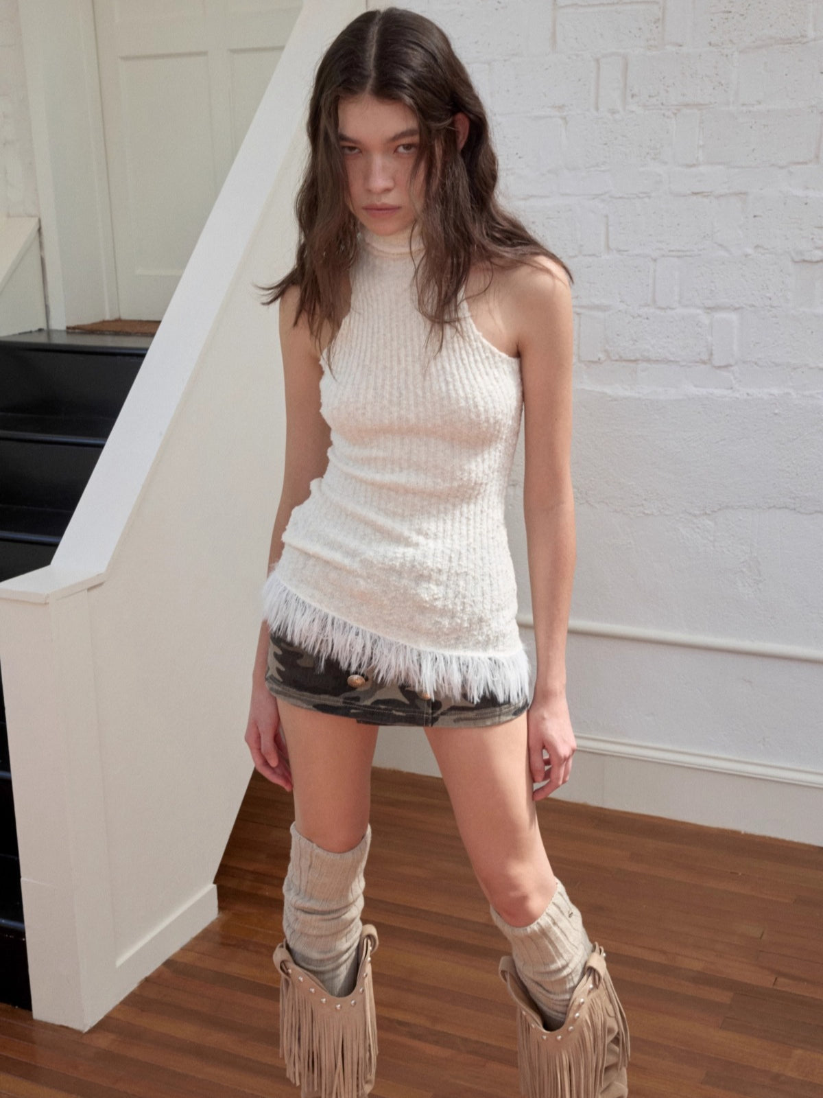 Fringe Knit Vest & Hooded Sleeveless Set