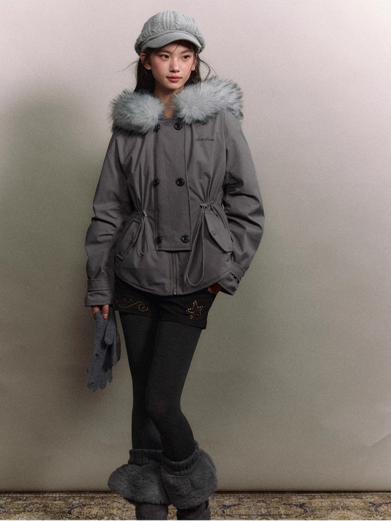 Faux Fur Collar Double-Breasted Down Parka Jacket - CHINASQUAD