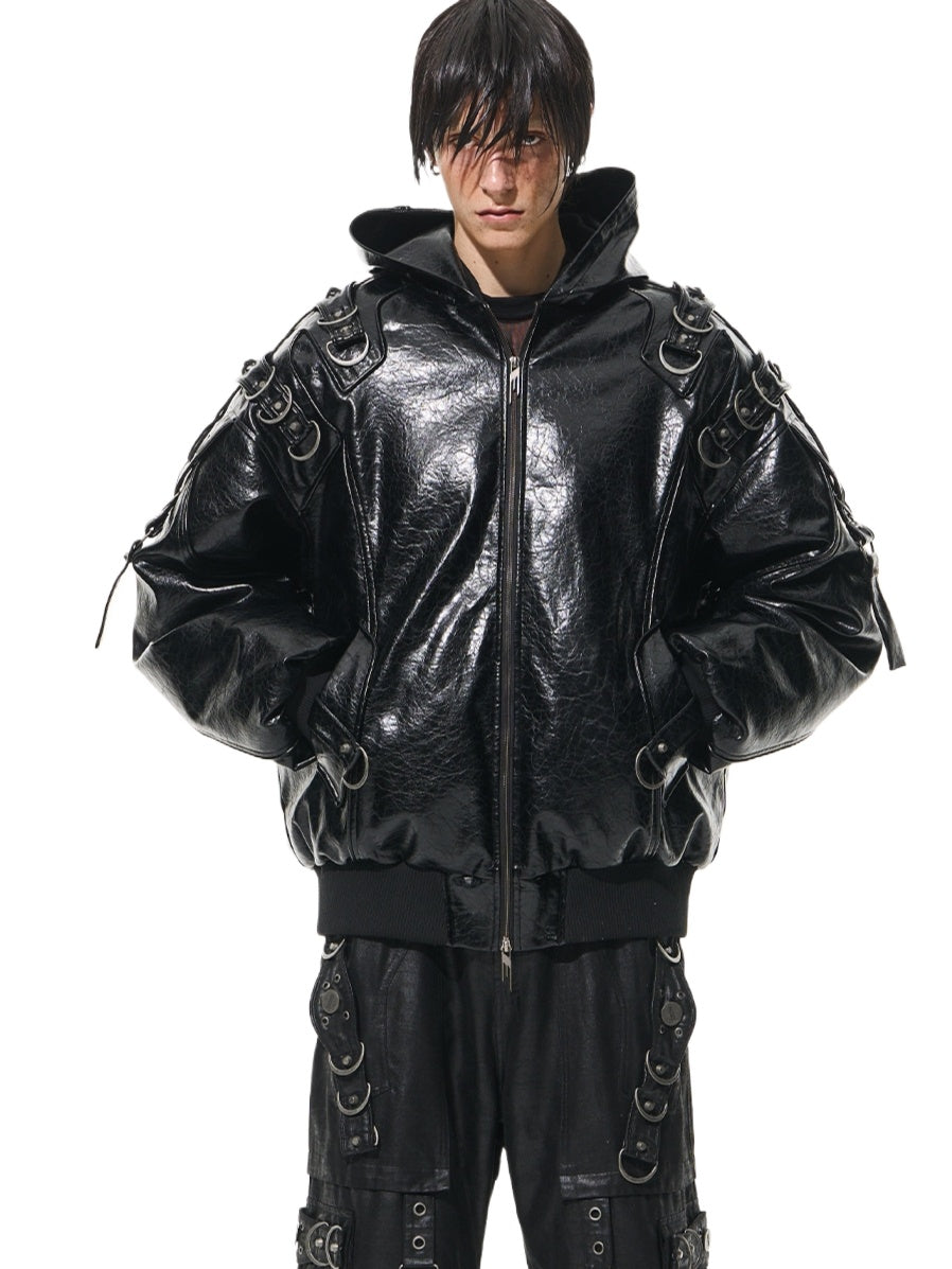 Heavy-Duty Hooded Aviator Leather-Texture Cotton Jacket - CHINASQUAD