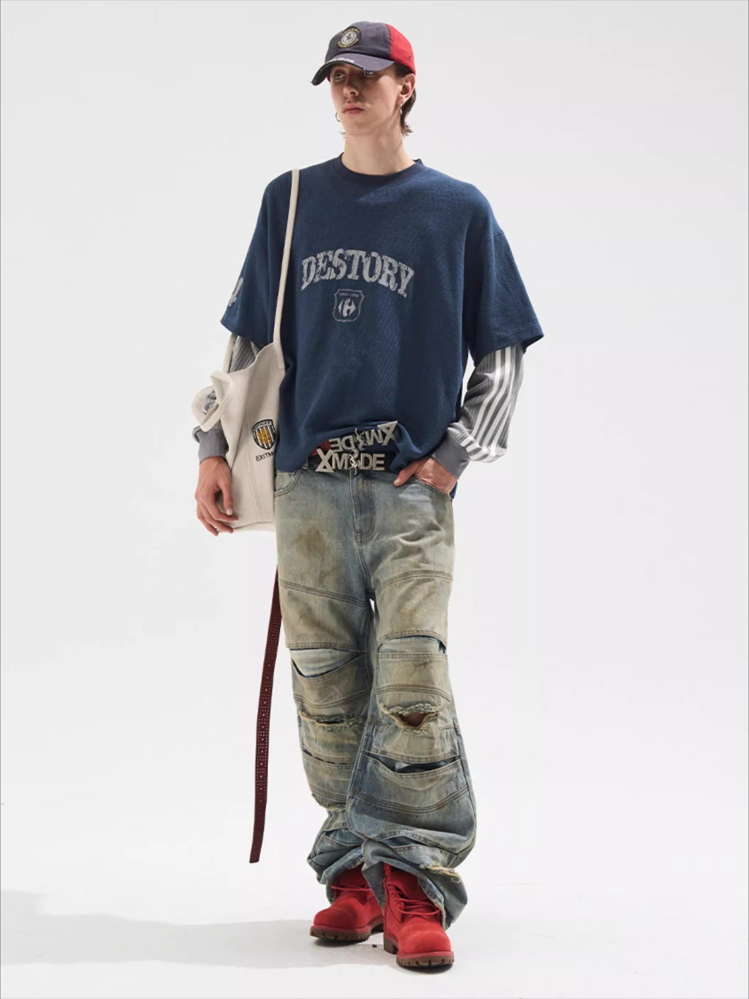 Faded Print Layered-Effect Patchwork Long Sleeve T-Shirt - CHINASQUAD