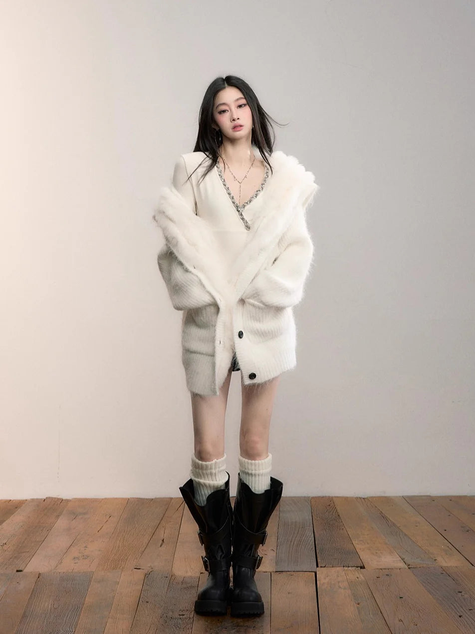 Fox Fur Collar Plush Knit Cardigan