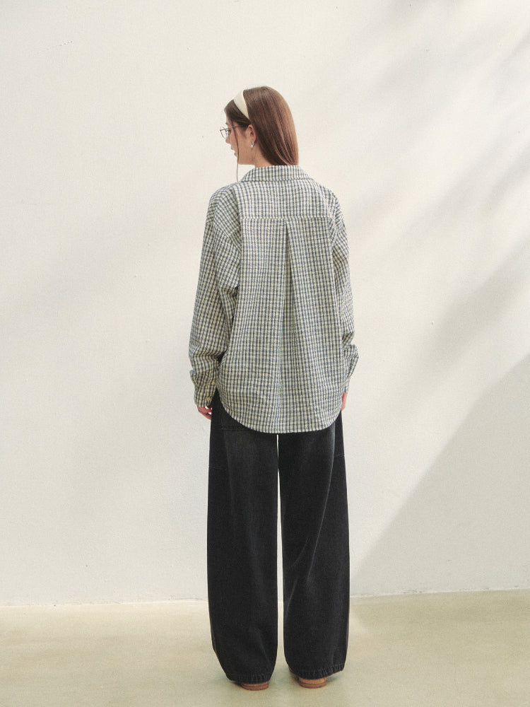 Checkered Contrast Hem Drawstring Pleated Shirt - CHINASQUAD