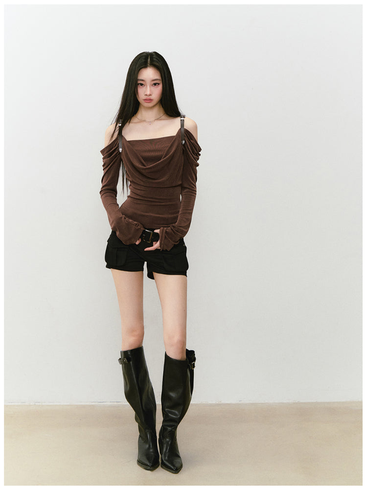 Draped Neck Leather Strap Acetate One-shoulder T-shirt - CHINASQUAD
