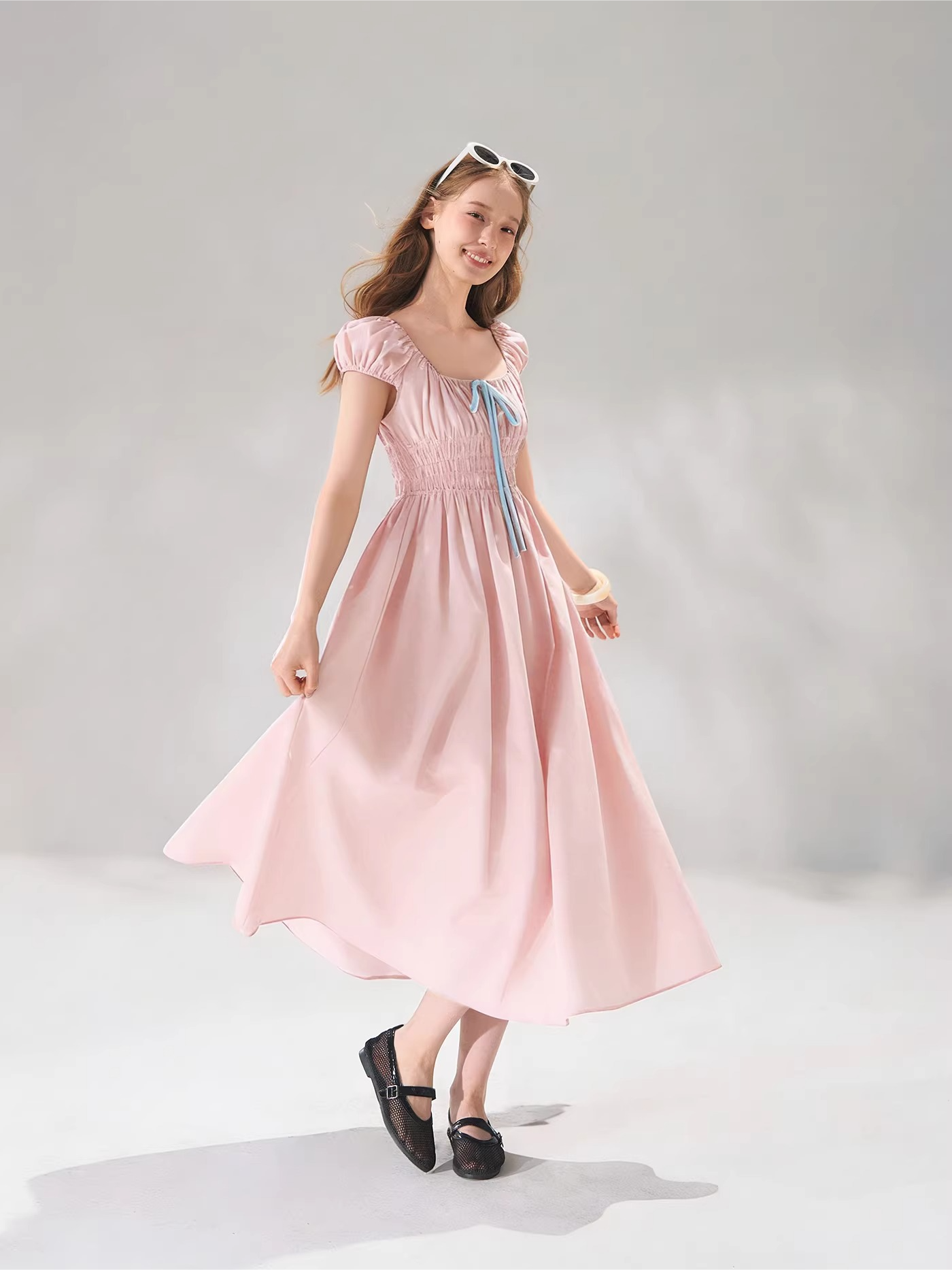 French Floral Tie-Waist Square Neck Puff Sleeve Dress