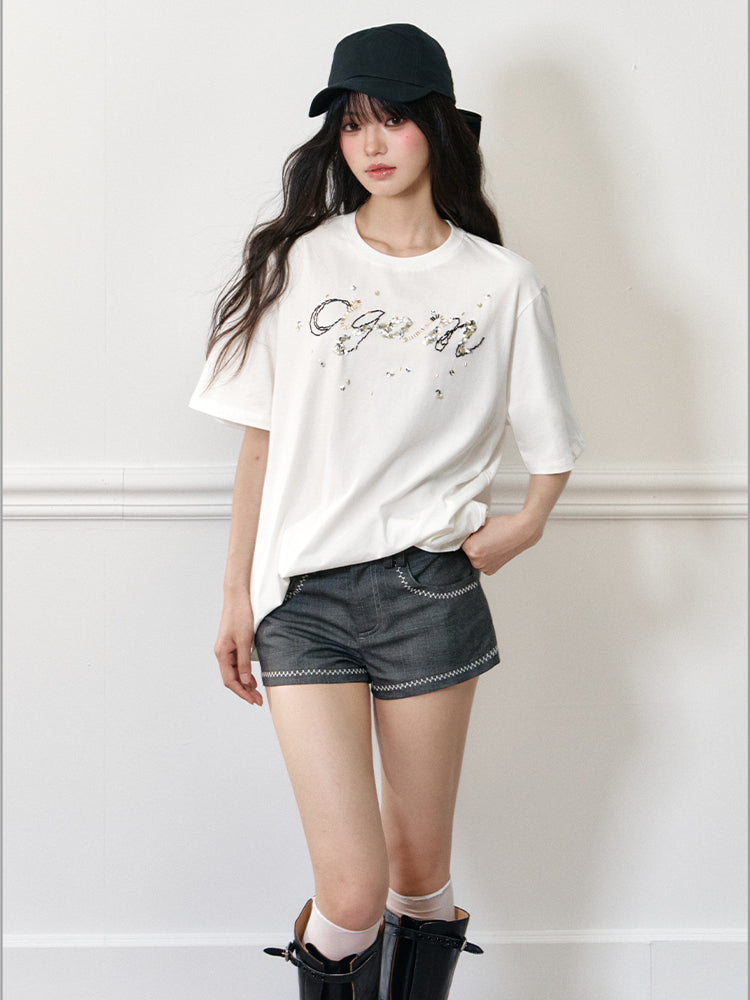 LOGO Bead Embroidered Short Sleeve T-shirt - CHINASQUAD