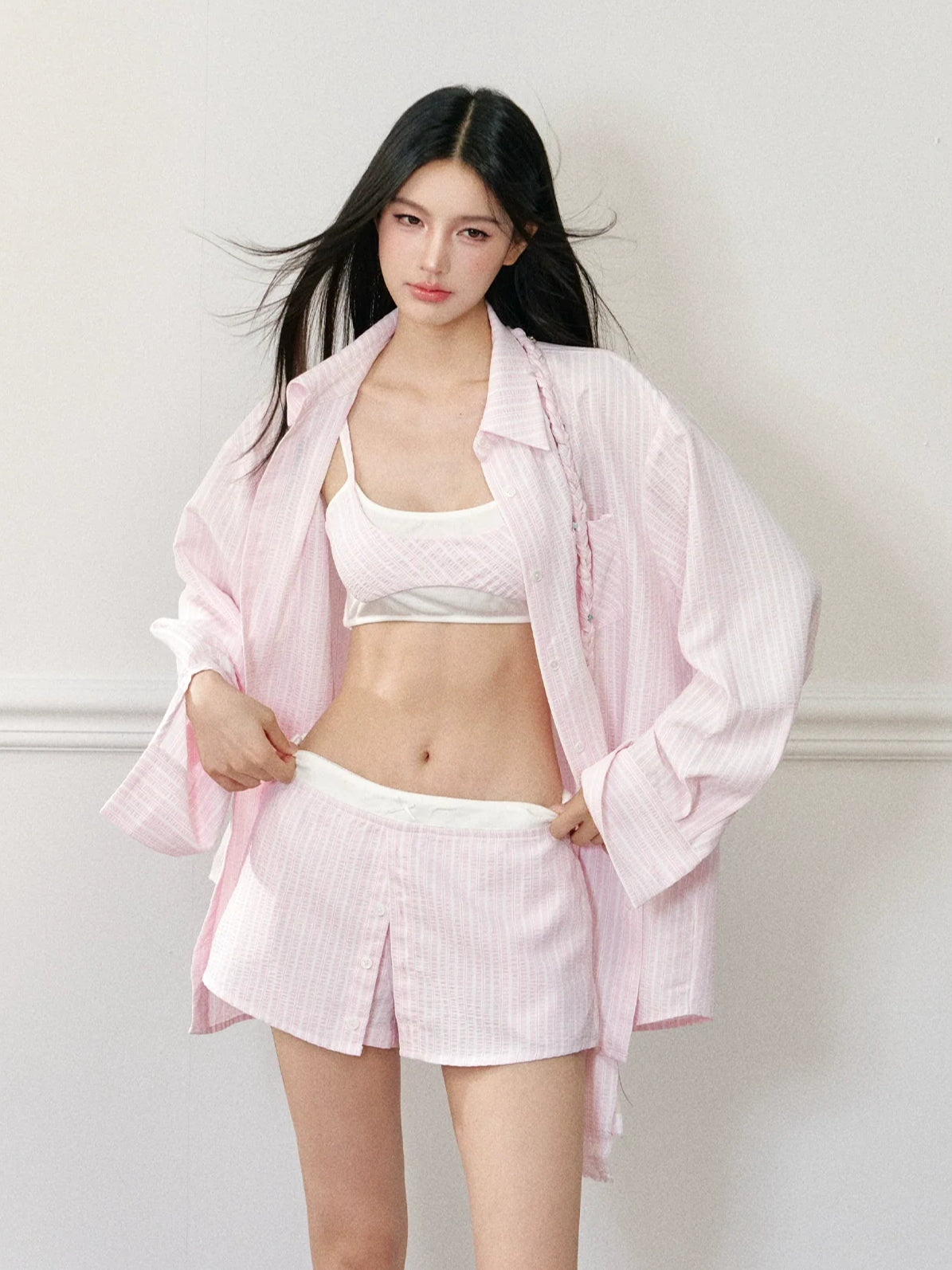 Pink Oversized Striped Shirt - CHINASQUAD