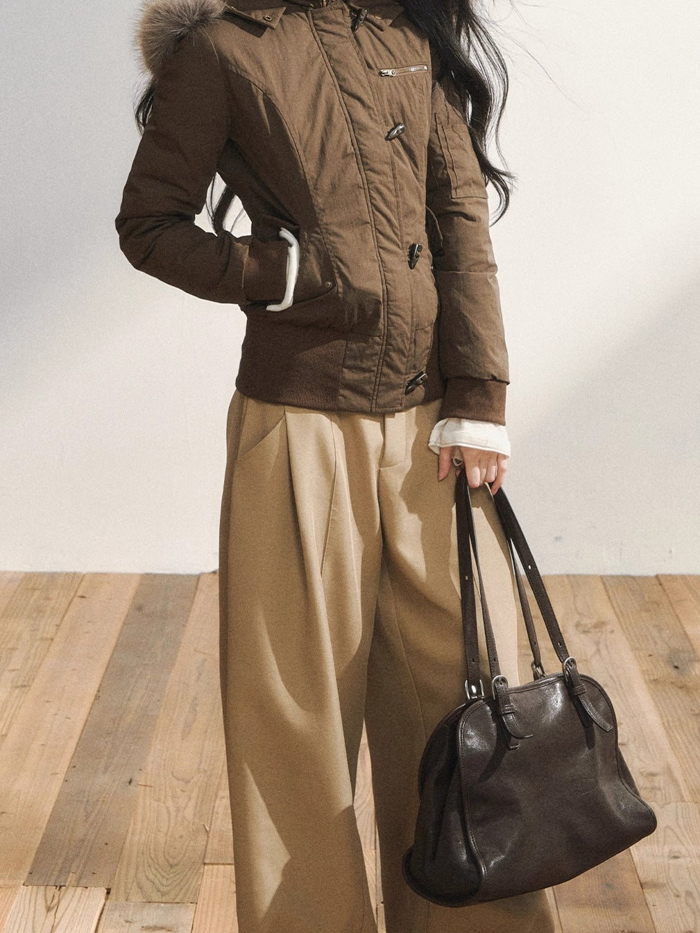 Khaki Tailored Low-Waist Wide-Leg Trousers - CHINASQUAD