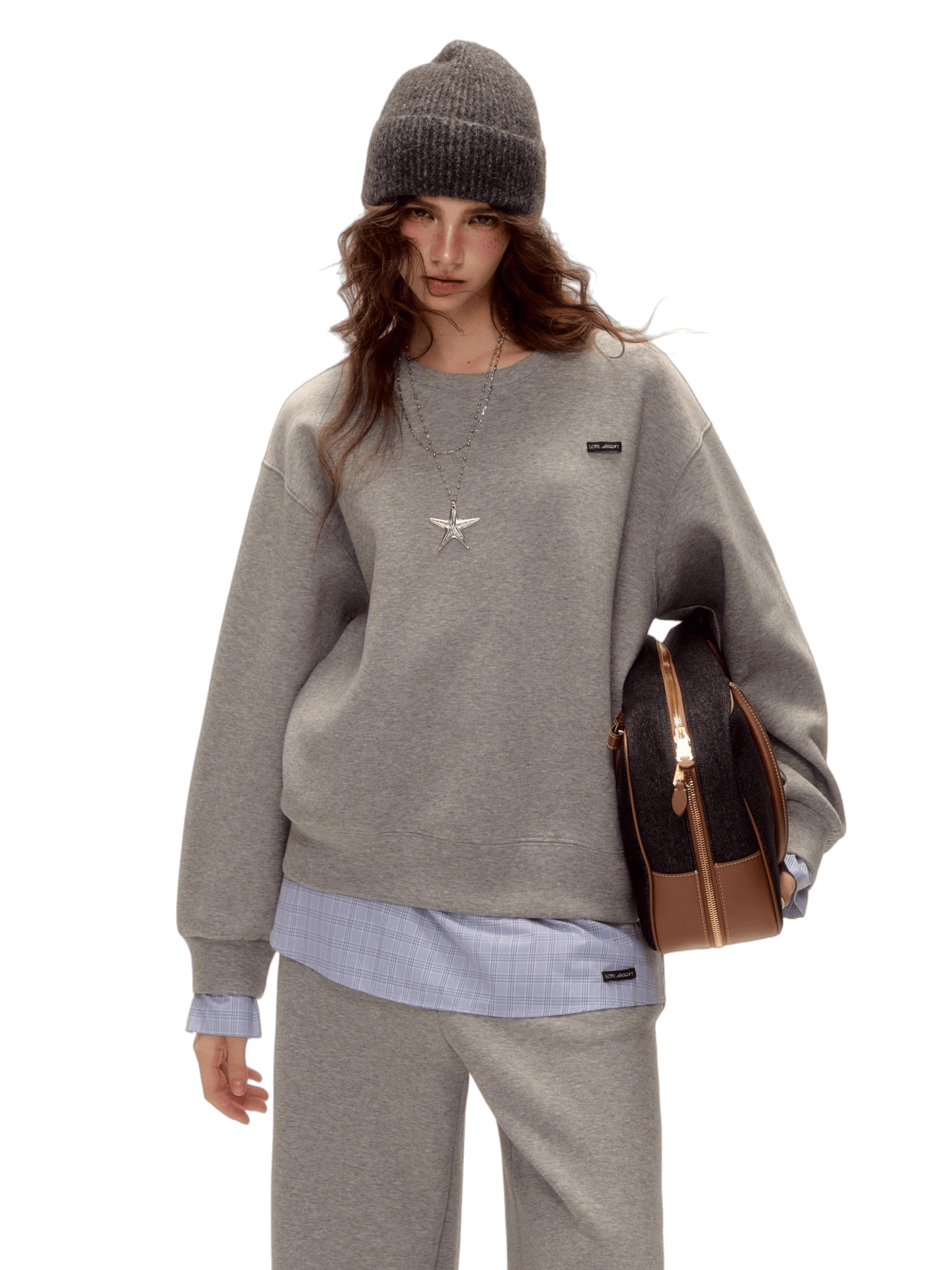 Patchwork Sweatshirt & Curved-Hem Knit Pants Set