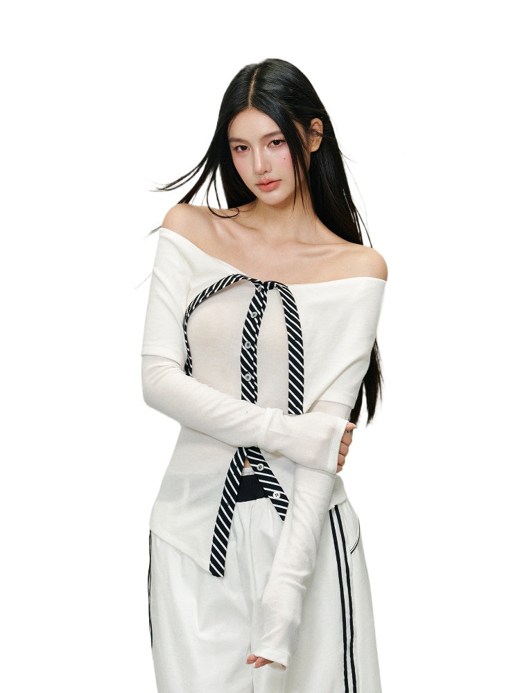 Striped Colorblock Off-Shoulder Long Sleeve T-shirt - CHINASQUAD