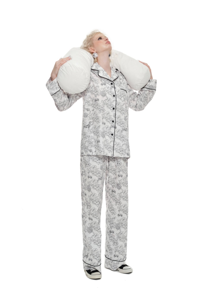 Black Letter Tattoo Print Cotton Pajamas Set - CHINASQUAD