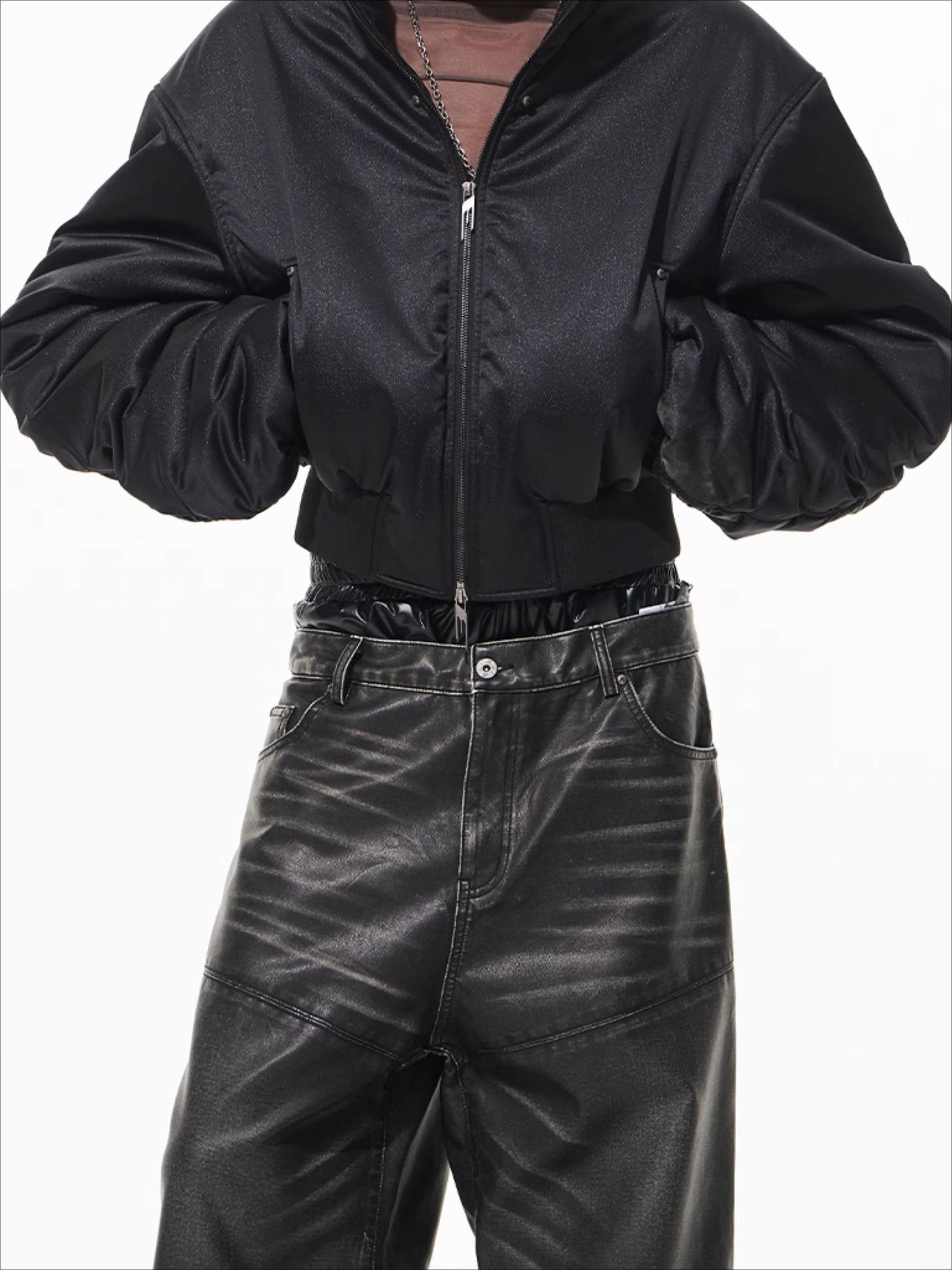 (Final Sale) Black Hooded Shimmer Logo Studded Puffer Jacket - CHINASQUAD