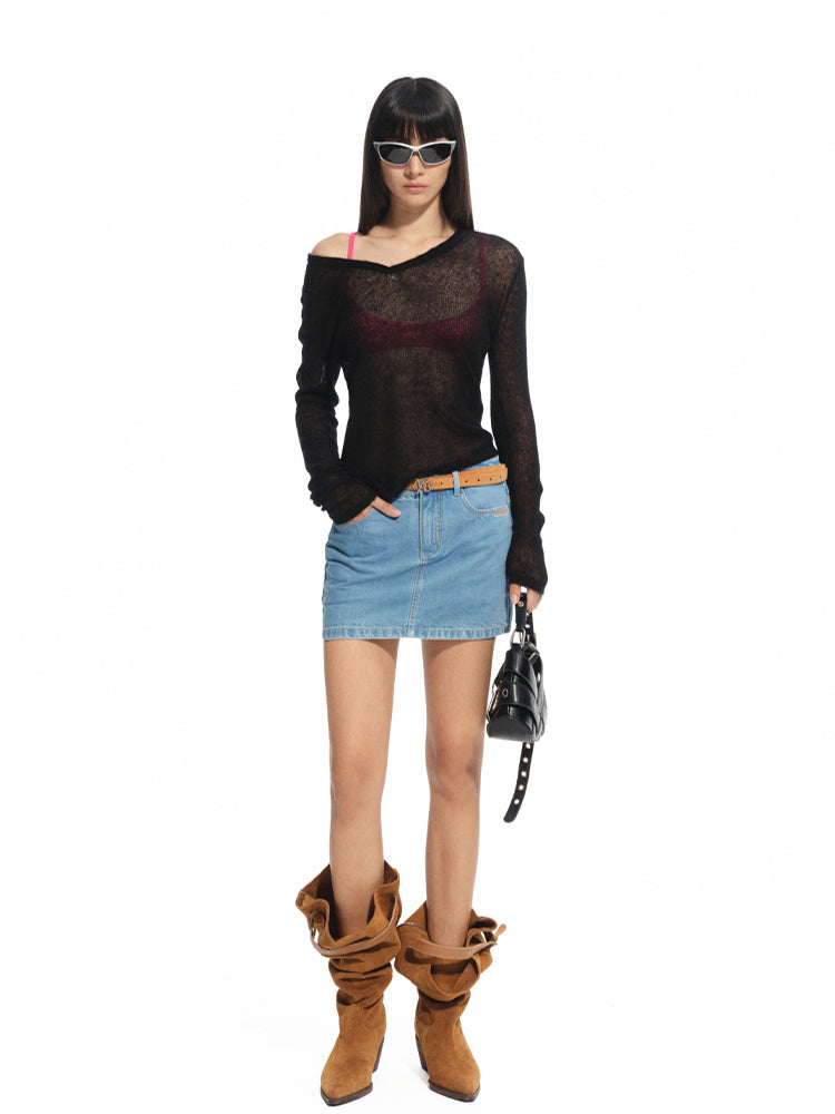 Denim Mid-rise Straight Pencil Skirt - CHINASQUAD