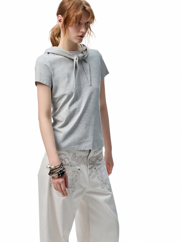 Hooded Bow Solid-Color T-shirt - CHINASQUAD