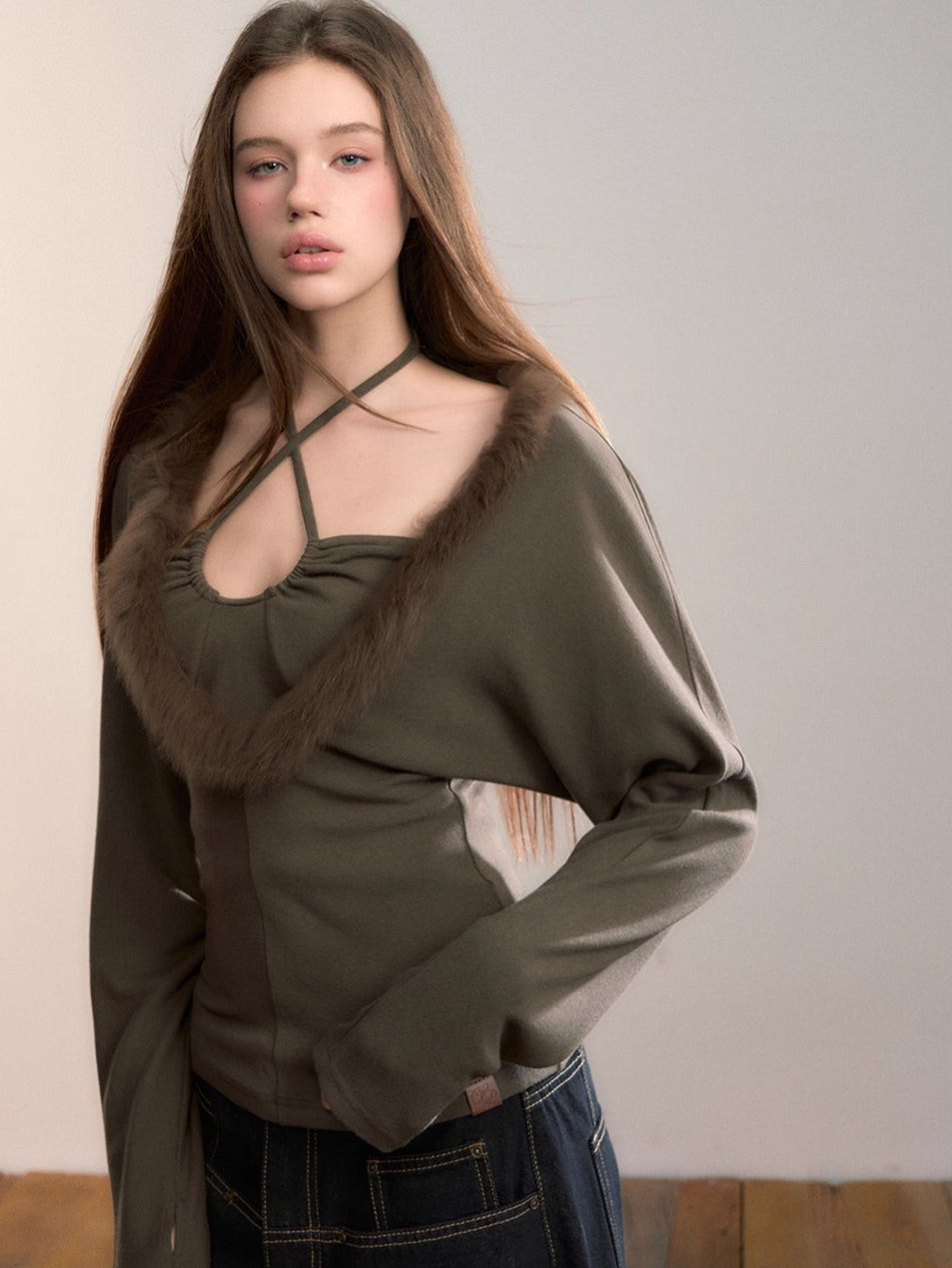 Fox Fur Panel Layered Knit V-neck
