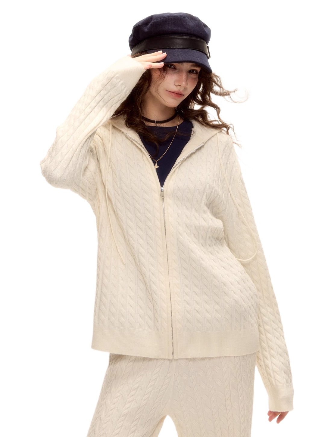 Wool Blend Cable Knit Zipped Hoodie & Wide-Leg Pants Set