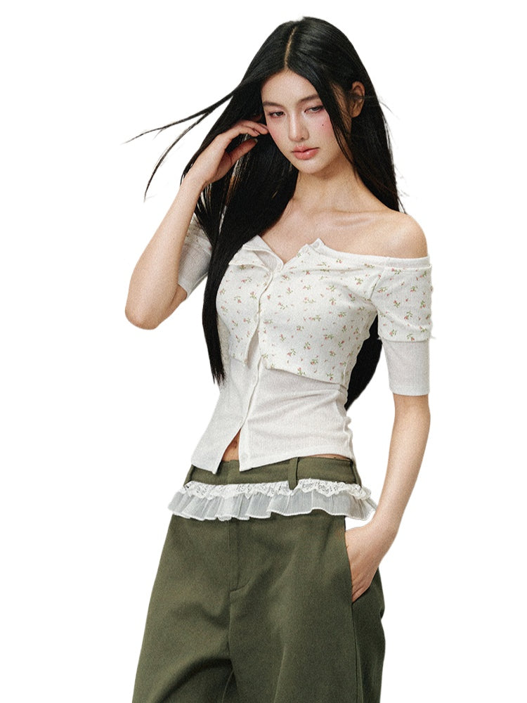 Off-Shoulder Fake Two-piece Color Block T-shirt - CHINASQUAD