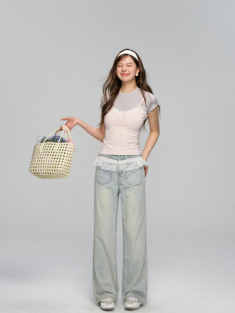 Fake Two Piece Lace Bow Short-Sleeve T-shirt - CHINASQUAD