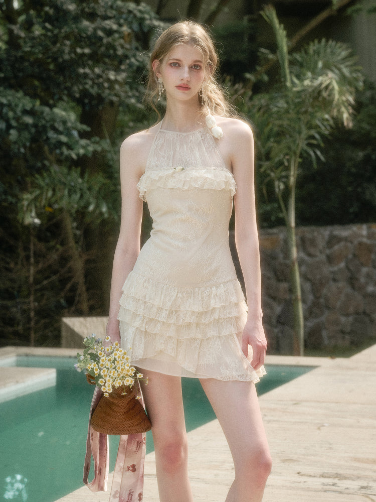 Light White Lace Halter Neck Slip Short Dress - CHINASQUAD