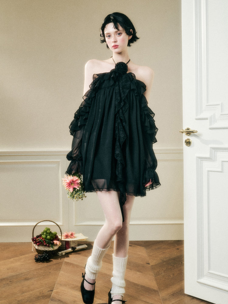 Halter Neck Off-Shoulder Ribbon Dress - CHINASQUAD