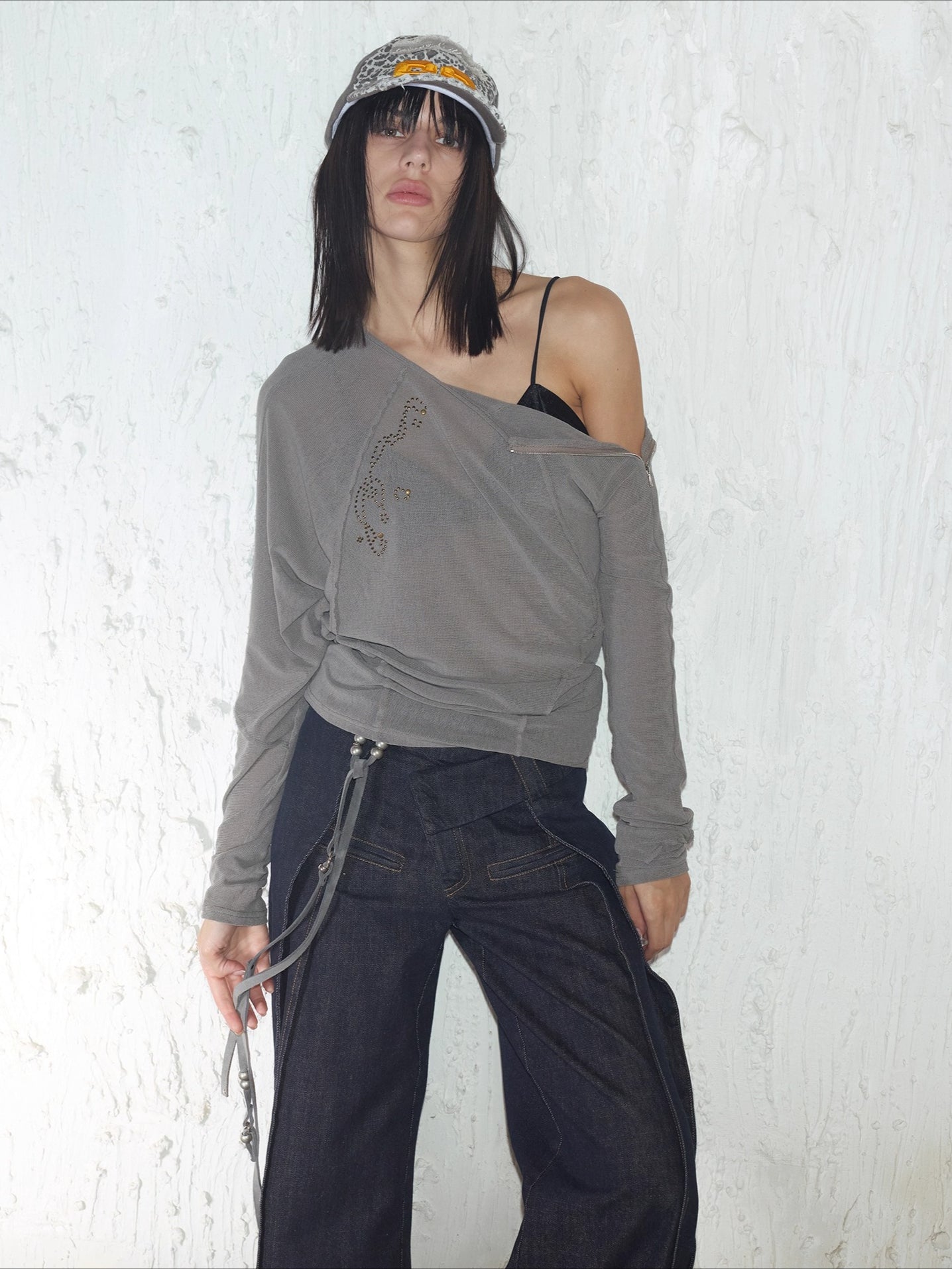 Rhinestone Frayed-Edge Knit T-Shirt