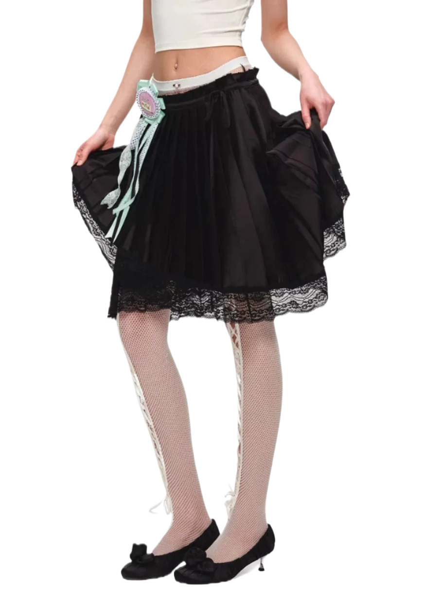 Asymmetric Pleated Satin Lace Midi Skirt