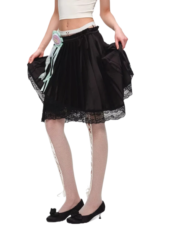 Asymmetric Pleated Satin Lace Midi Skirt