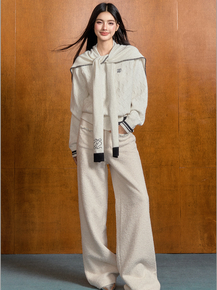 Off-Shoulder Asymmetrical Diamond Knit Sweater & Shawl Set - CHINASQUAD