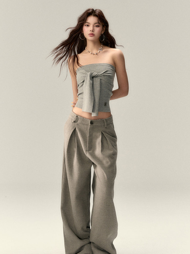 Gray & Navy Blue Tie-Knitted Top - CHINASQUAD