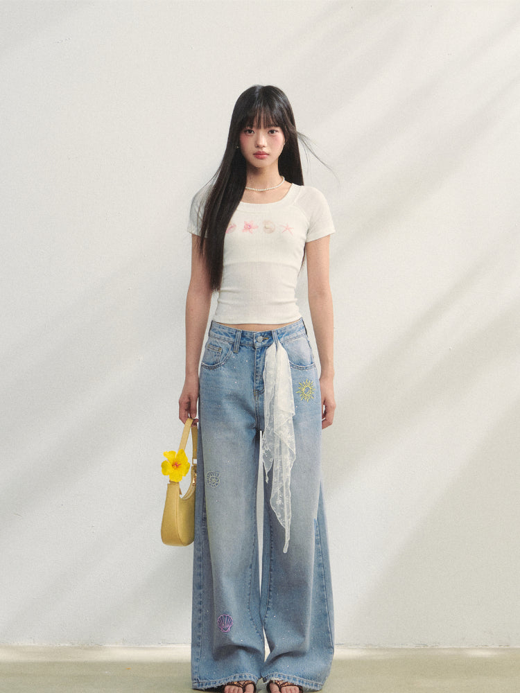 Embroidered Denim Wide-Leg Pants - CHINASQUAD