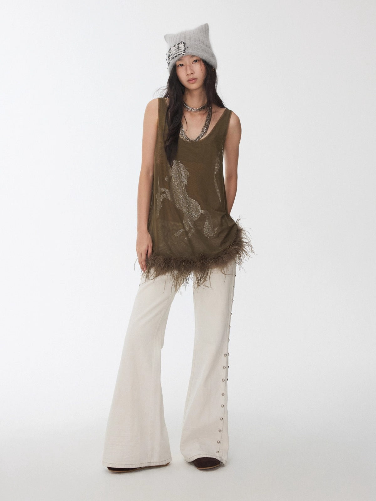 Trim Sheer Mesh Rhinestone Tank Top