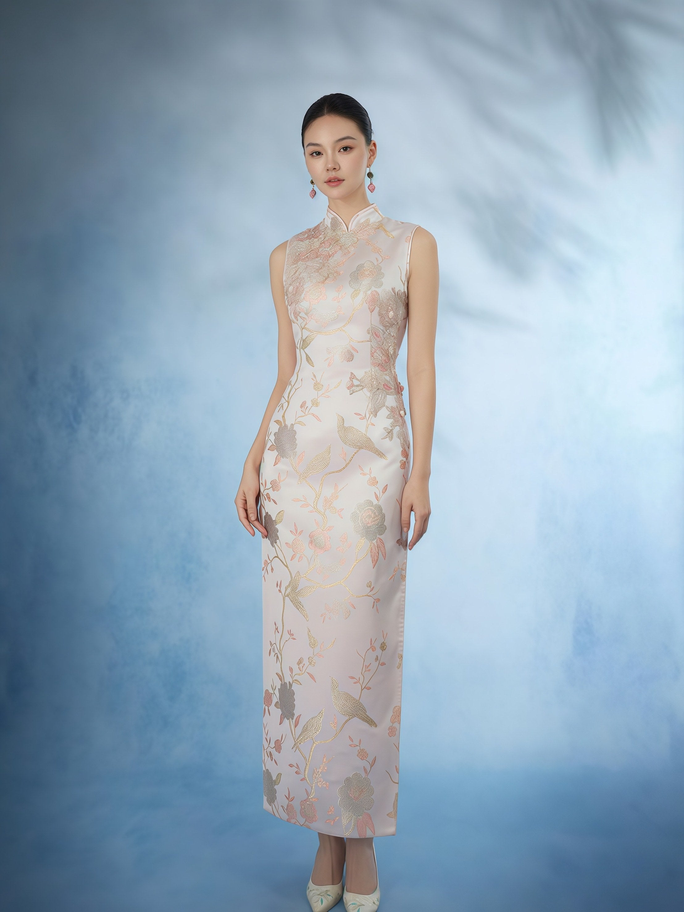 Blush Gold Jacquard Mandarin Collar Cheongsam Dress