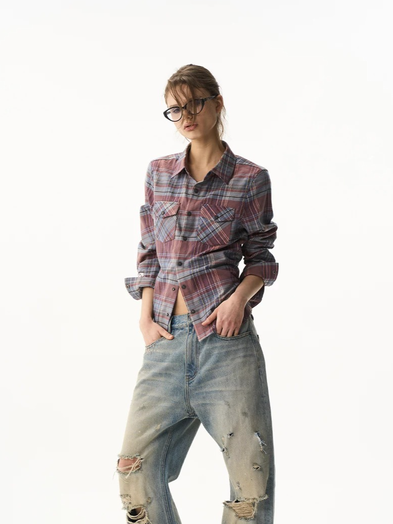 Cropped Embroidered Check Shirt