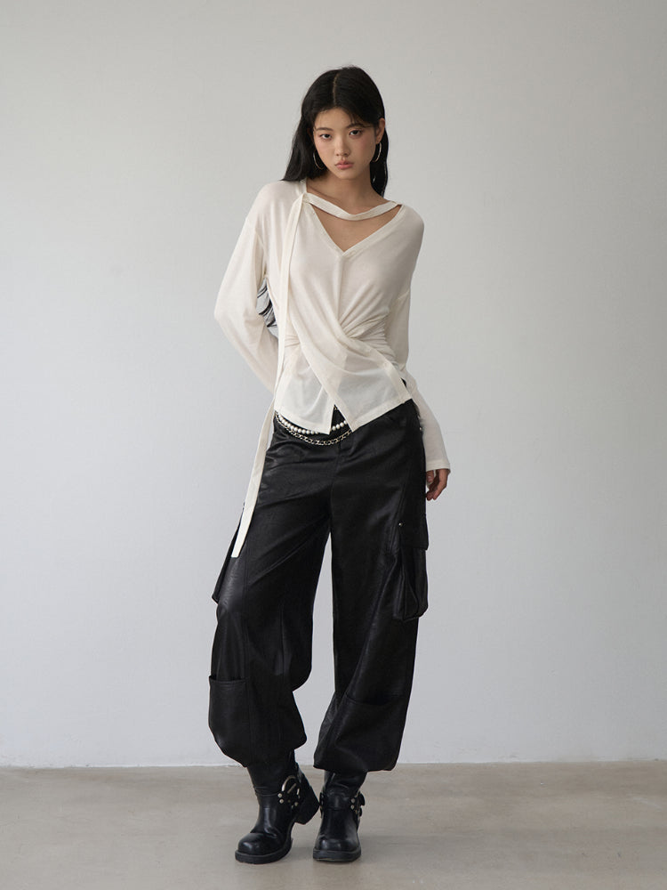 V-Neck Drawstring Waist Buttoned Blouse - CHINASQUAD