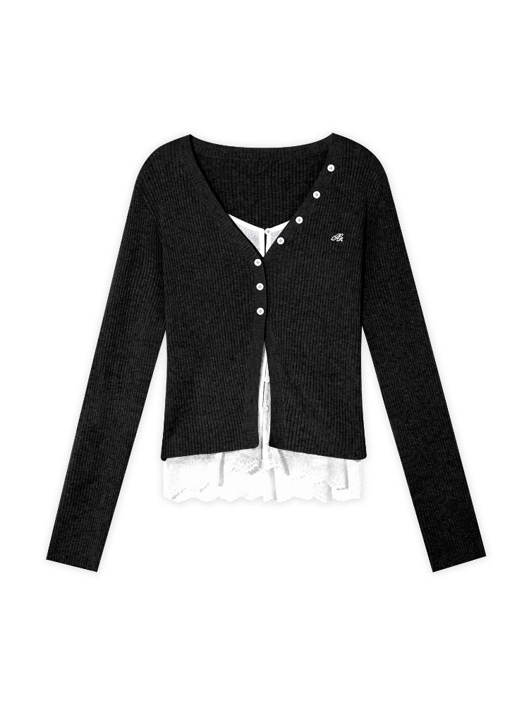 Lace Tie Fake Two-Piece Knitted Cardigan - CHINASQUAD