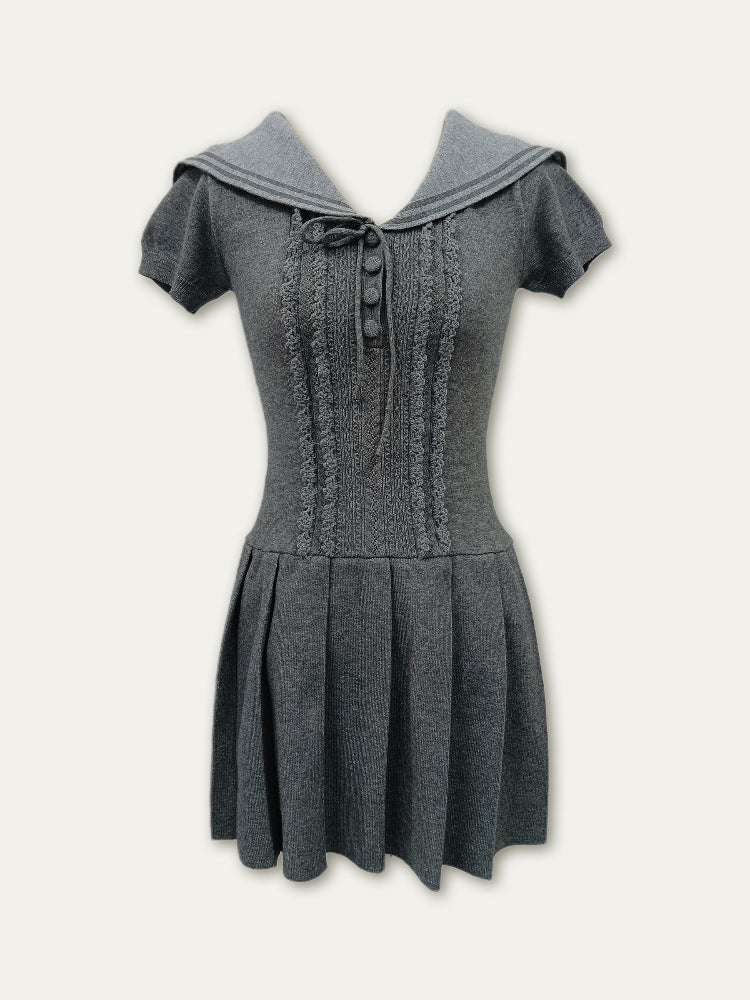 Navy Collar Lace Knit Dress - CHINASQUAD