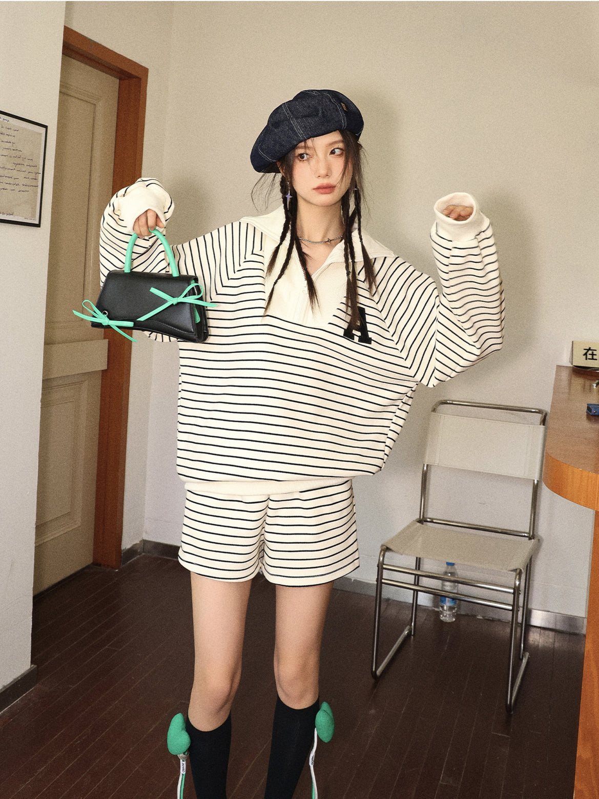 Striped Embroidered Sweatshirt & Shorts Set - CHINASQUAD