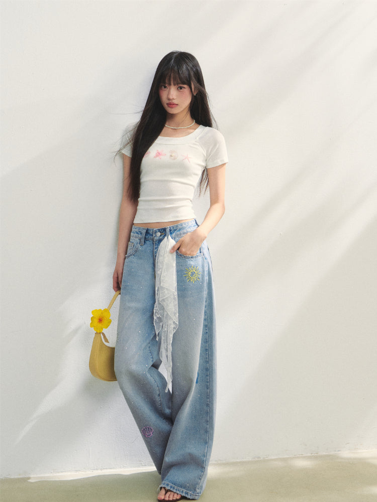 Embroidered Denim Wide-Leg Pants - CHINASQUAD