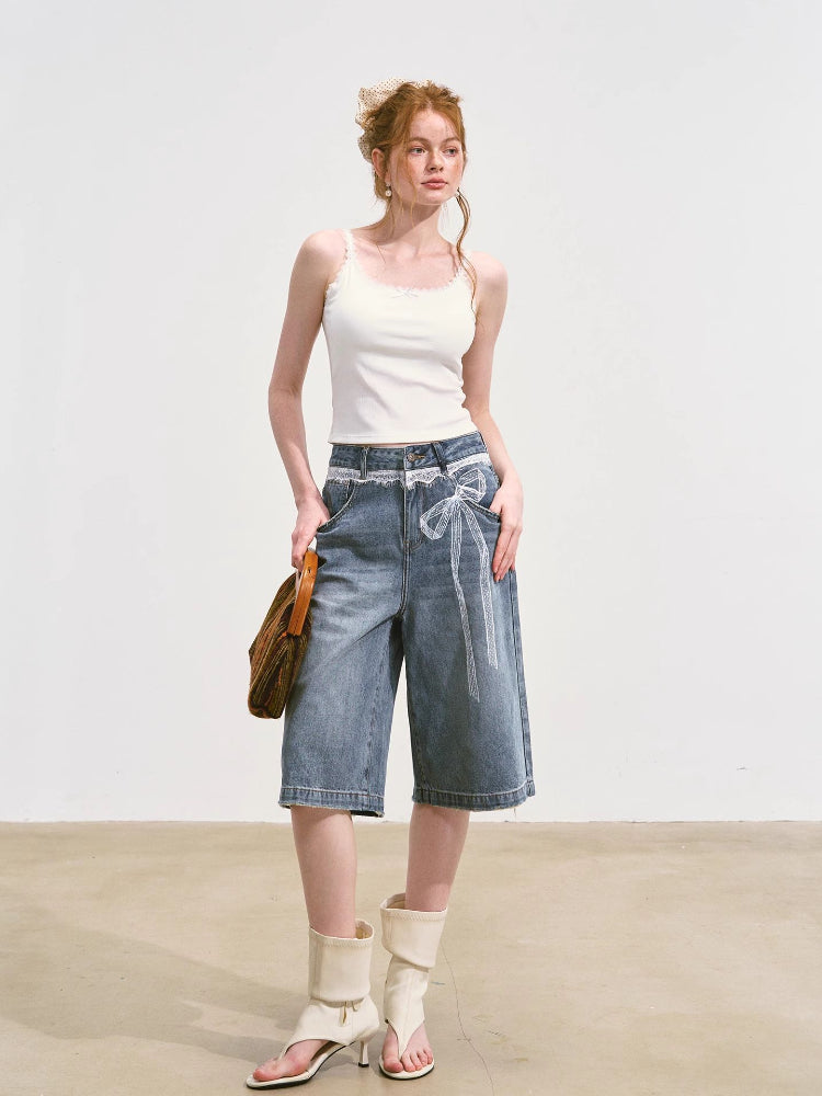 Imitation-Lace Printed High-Waist Denim Mid-Length Pants - CHINASQUAD