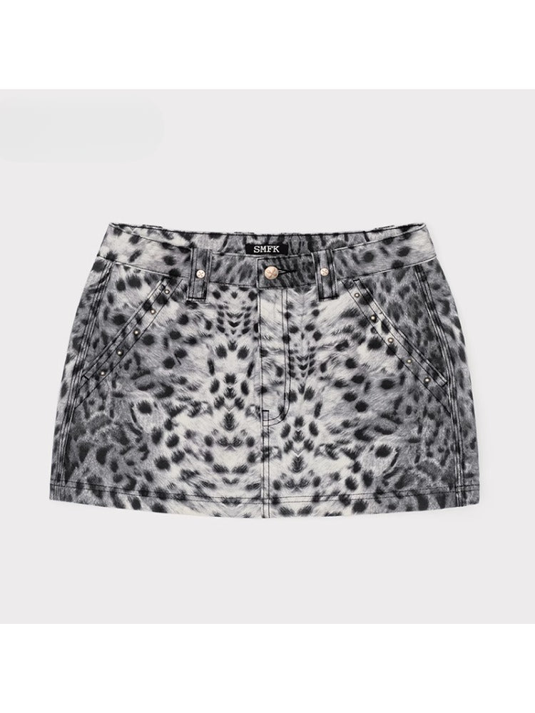 Leopard Print Mid - High Waist Rivet Midi Skirt - CHINASQUAD