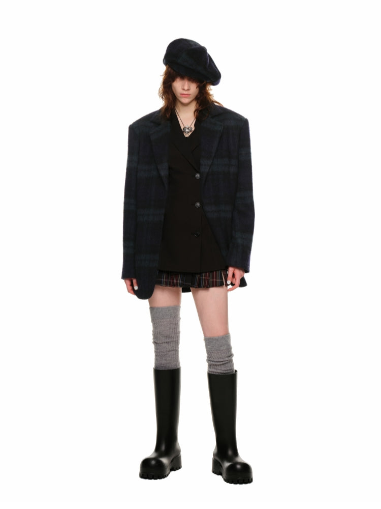 Oversized Green Plaid Woolen Blazer - CHINASQUAD