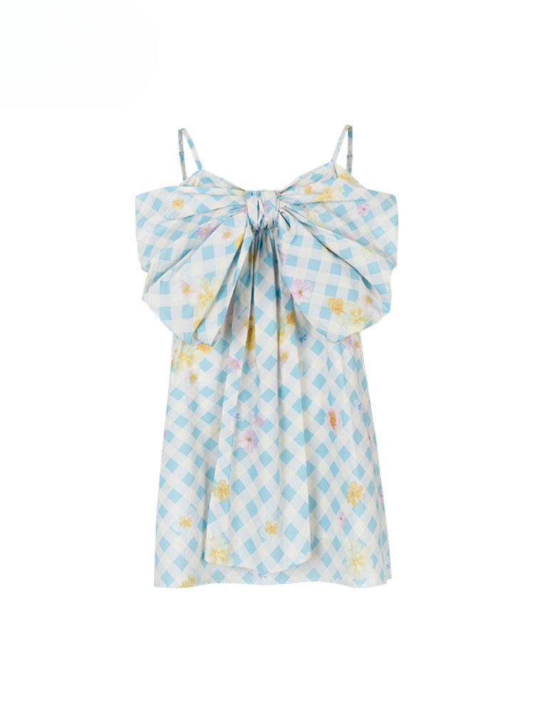 Plaid Floral Bow Print Spaghetti Strap Dress - CHINASQUAD
