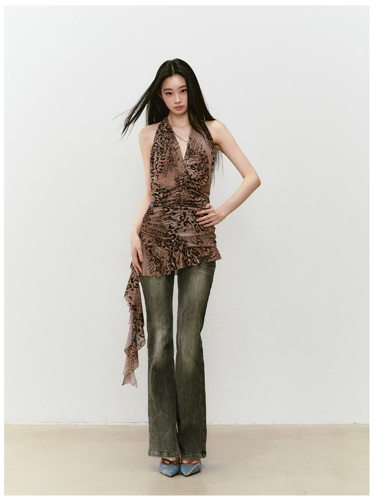 Halter Leopard Print Gathered-Waist Sleeveless Dress