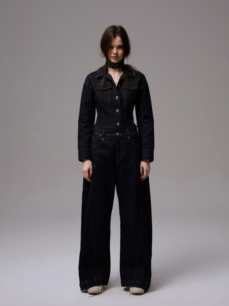 Raw Denim Wide-Shoulder Waist-Cinching Jacket Set - CHINASQUAD