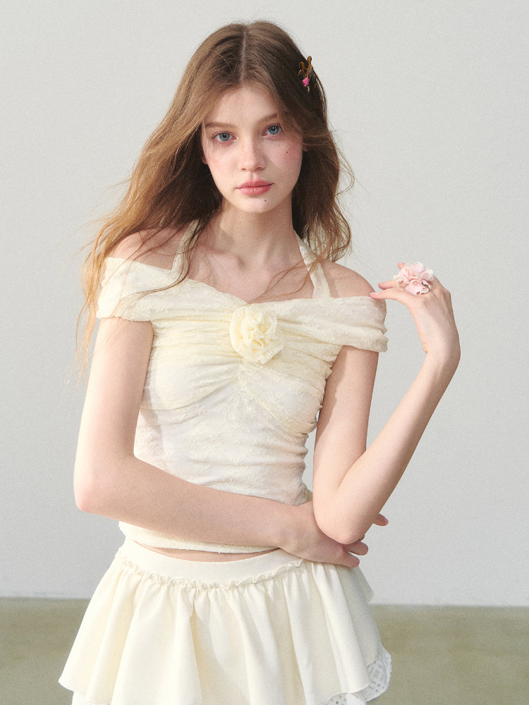 Off Shoulder 3D Flower Lace Short Top - CHINASQUAD