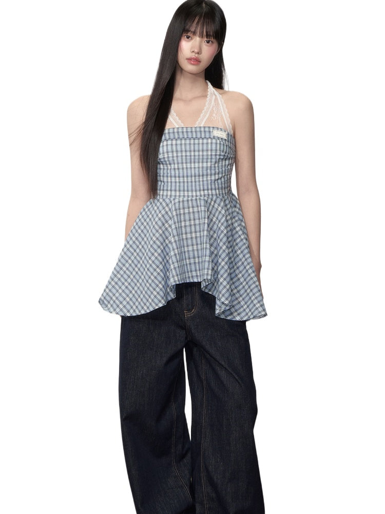 Blue Checkered Lace-Trimmed Camisole Top