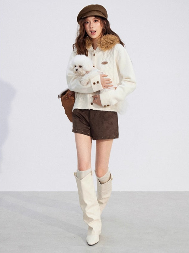 Detachable-Fur Cable-Knit Hoodie