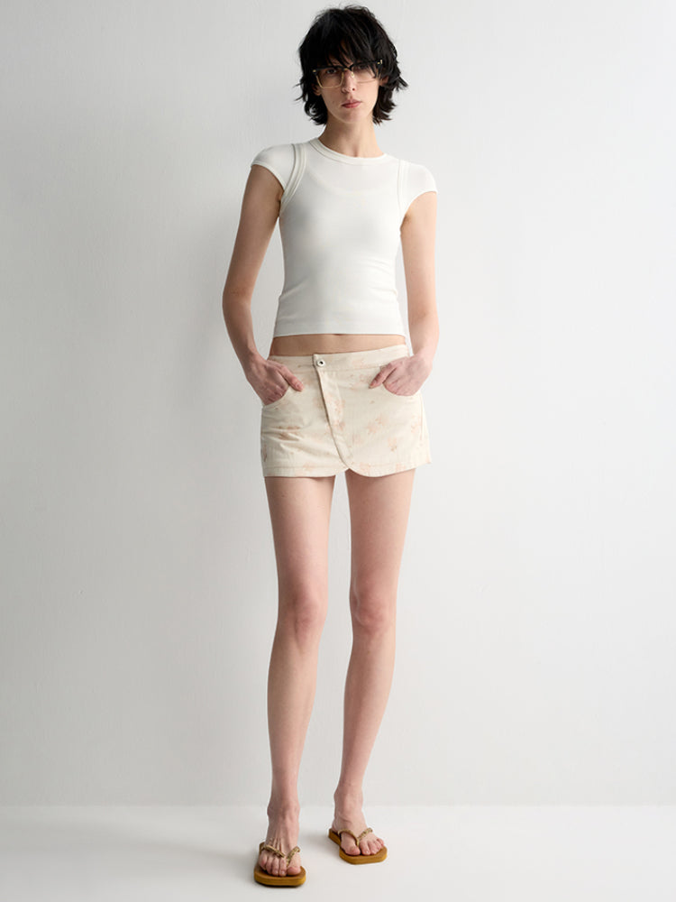 Deep U-Neck Ruffled Short Sleeve T-shirt