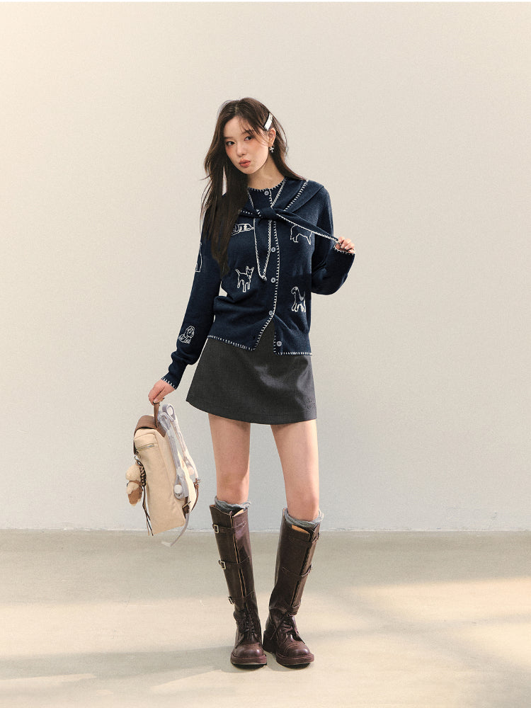 Puppy Embroidered Trim Hooded Knit Sweater - CHINASQUAD