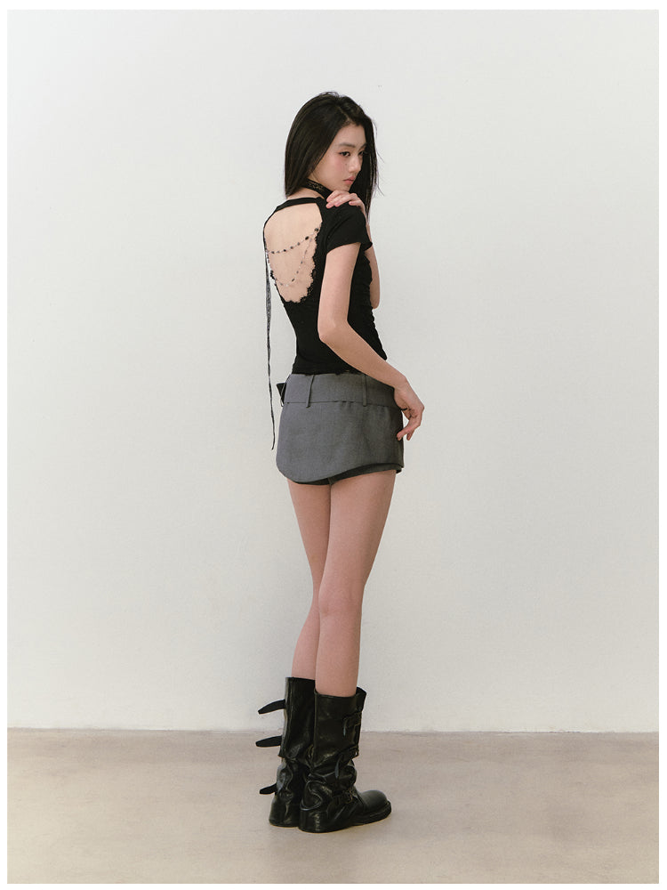 Acetate Lace Backless Beaded Short-sleeve T-shirt